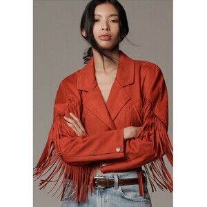 Anthropologie Pilcro Moto Jacket Red Faux Suede Fringe Preppy Boho Size XS NWT
